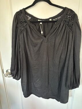 Max Studio Black Crochet-Yoke Peasant Top